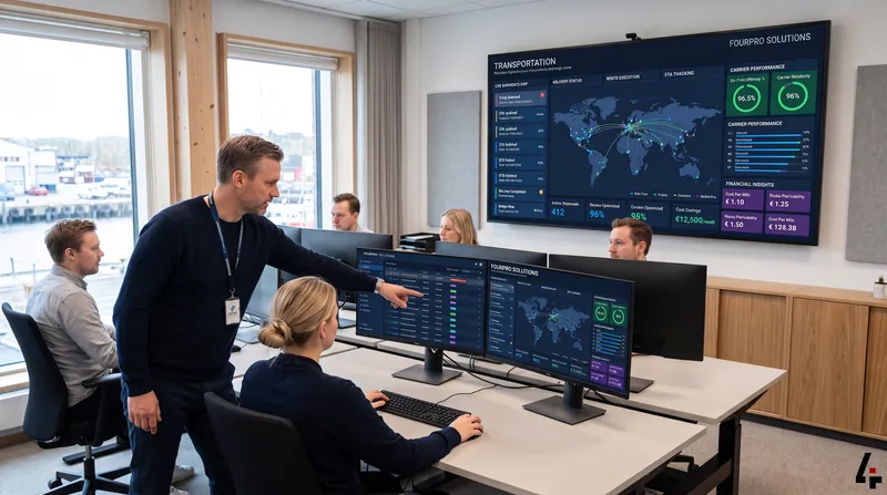 A calm, bright logistics control room where a team reviews a connected operational dashboard.