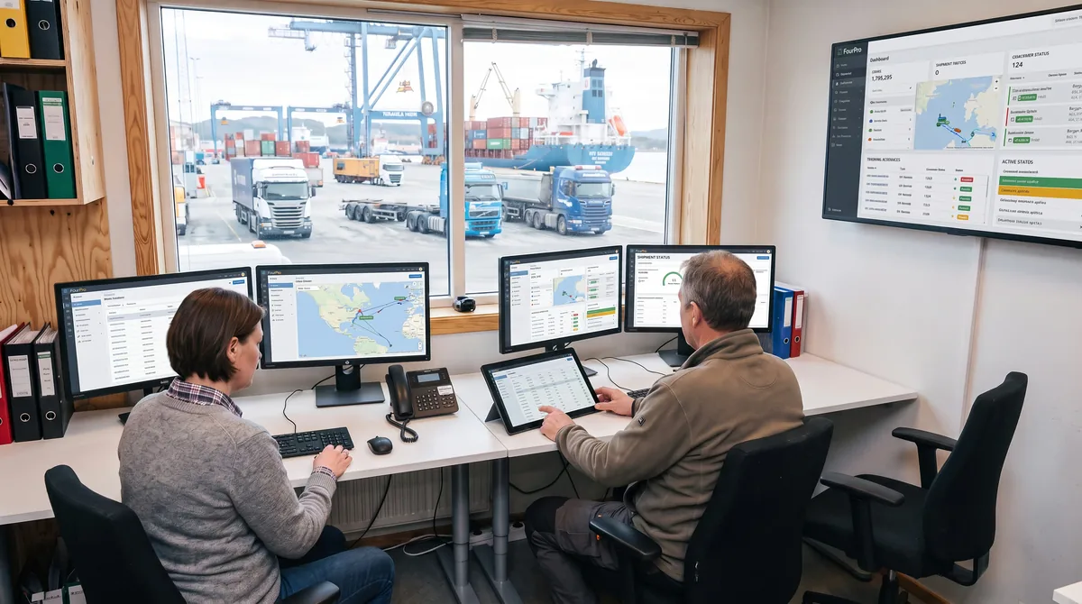 The same logistics office, now running on FourPro — shared dashboards showing shipment status, terminal resources and live tracking across every screen.